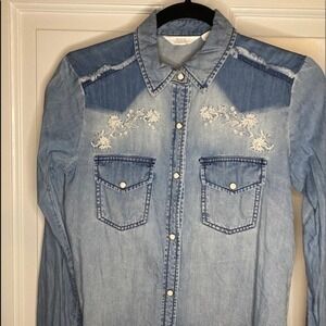 Embroidered Denim Shirt Pearl Snap Buttons XXS